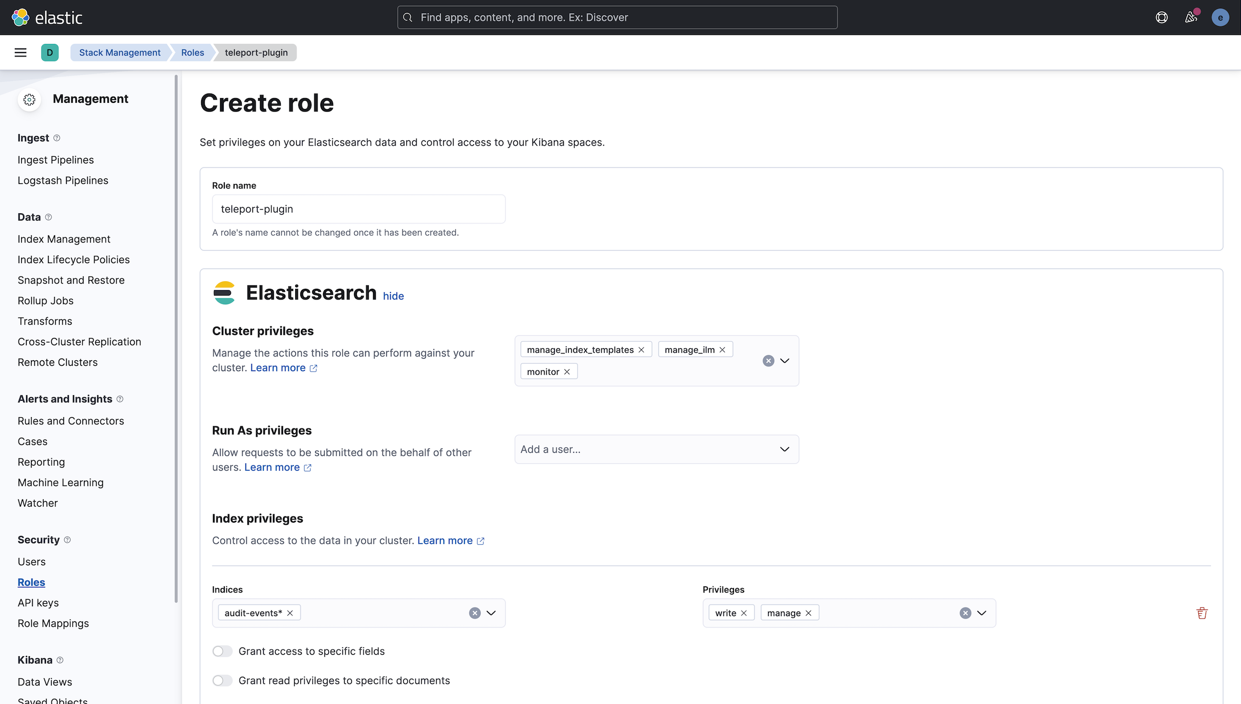 Creating an Elasticsearch role