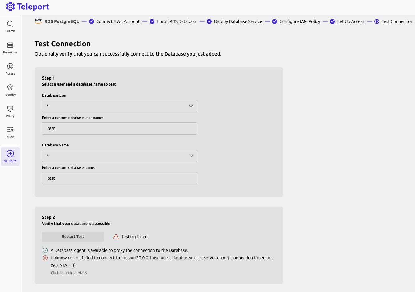 Screenshot of database connection test timeout